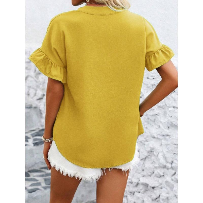 YYFS Women's Fashion Casual Summer Spring Solid Color Print Short Sleeve V-Neck Blouses & Shirts
