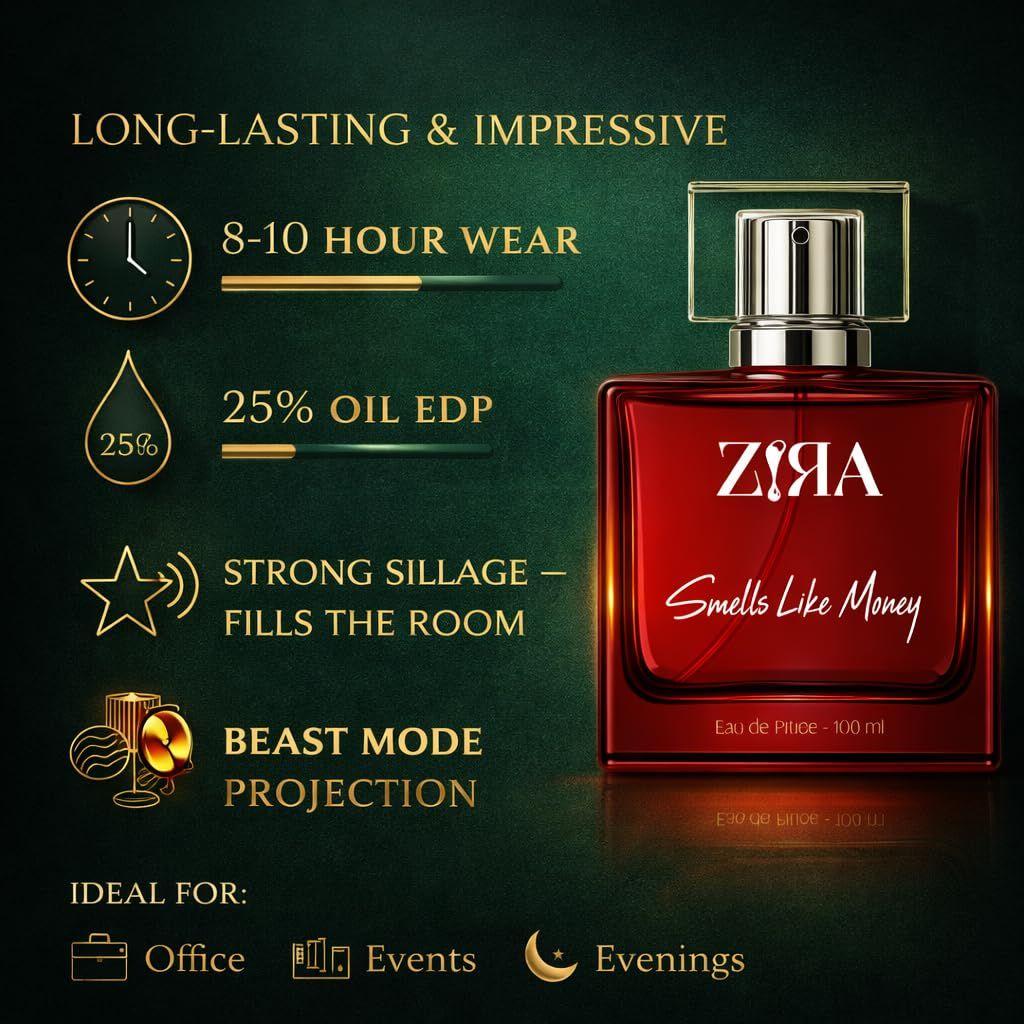 ZIRA Smells Like Money Eau de Parfum – Spicy Woody Fragrance for Men & Unisex, Cardamom & Black Pepper Notes, Suitable for Daily or Formal Use