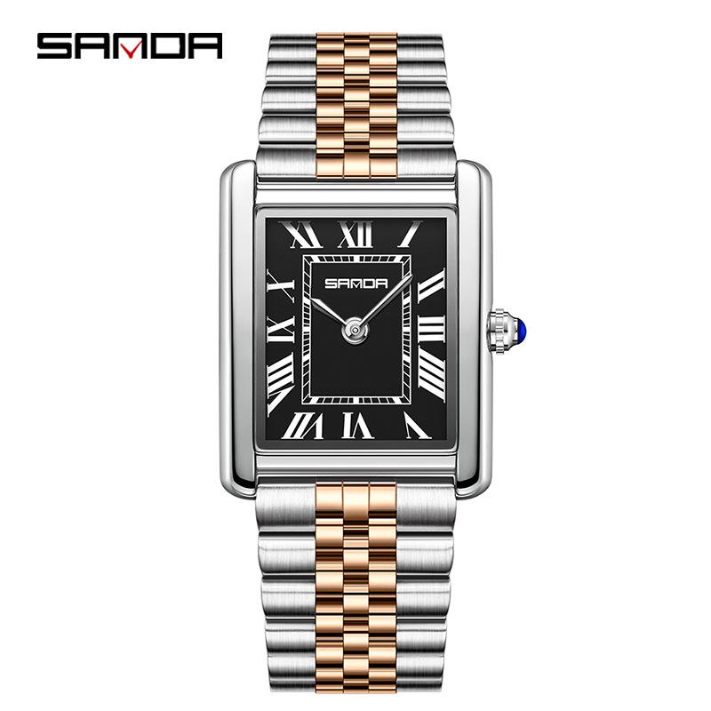 Montre à Quartz pour Femme Sanda, Petit Cadran, Chiffres Romains, Mode Étanche Rectangulaire, Design Couple.