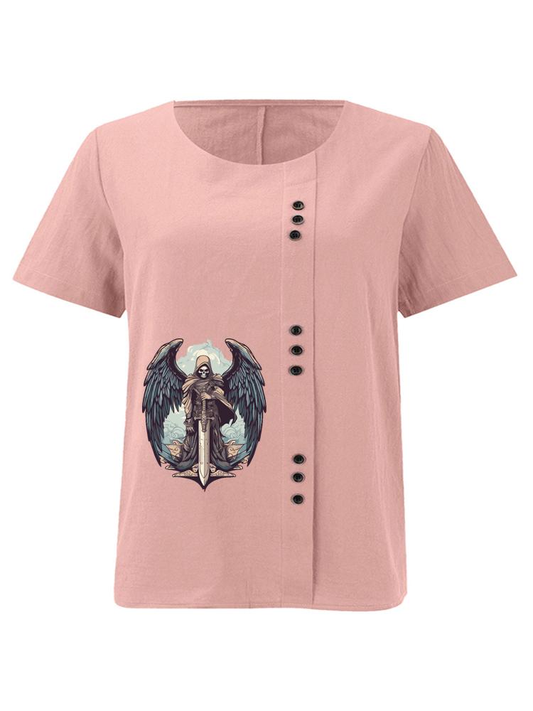 Women s Fashion Devil Angel Print Casual Cotton Linen Short Sleeve Round Neck T-shirt Shirt Leisure Loose Summer Blouse Tops S розовый