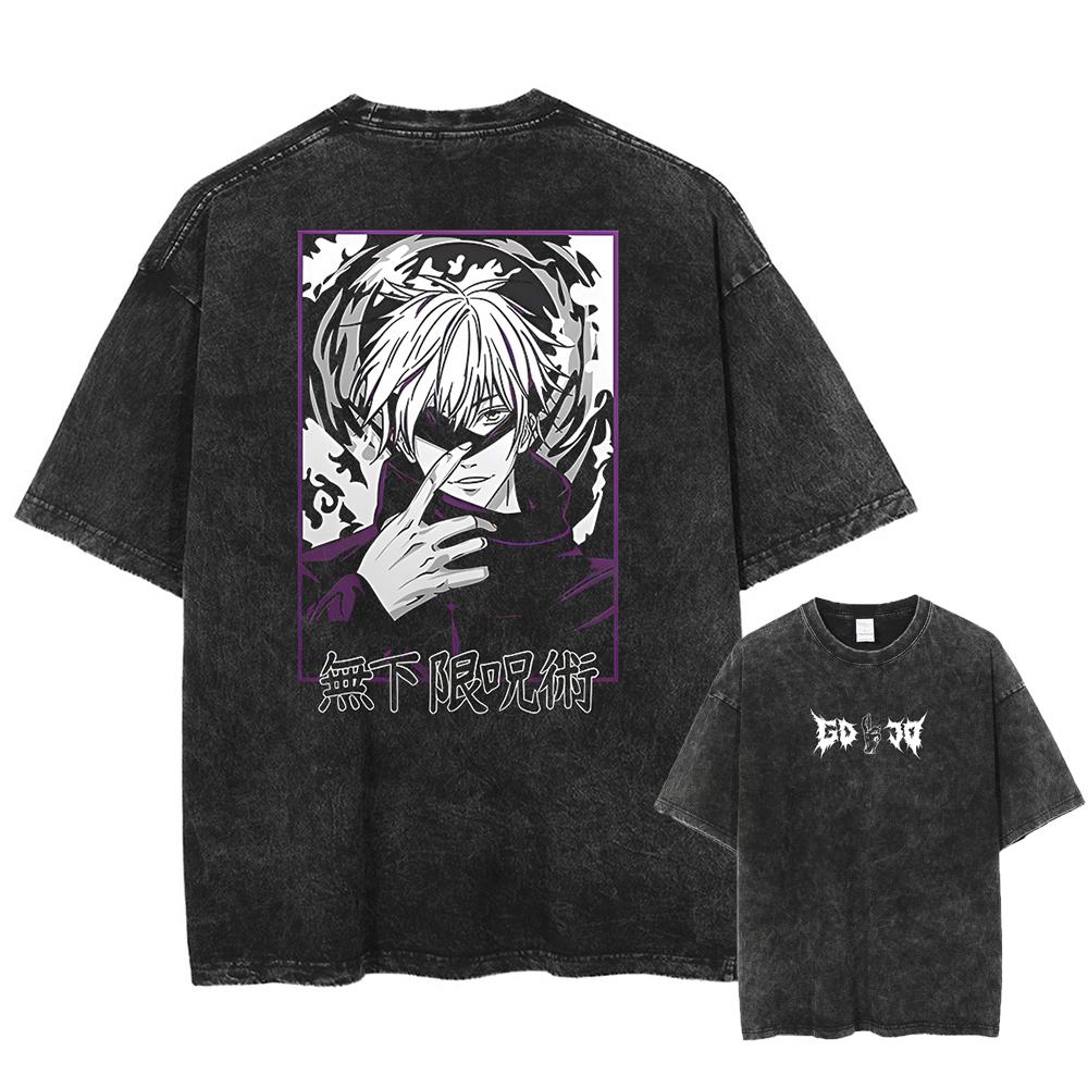 Japan Anime Jujutsu Kaisen Gojo Satoru Print Washed Tshirt Men High Quality Cotton T-shirts Manga Casual T Shirt Harajuku Tops