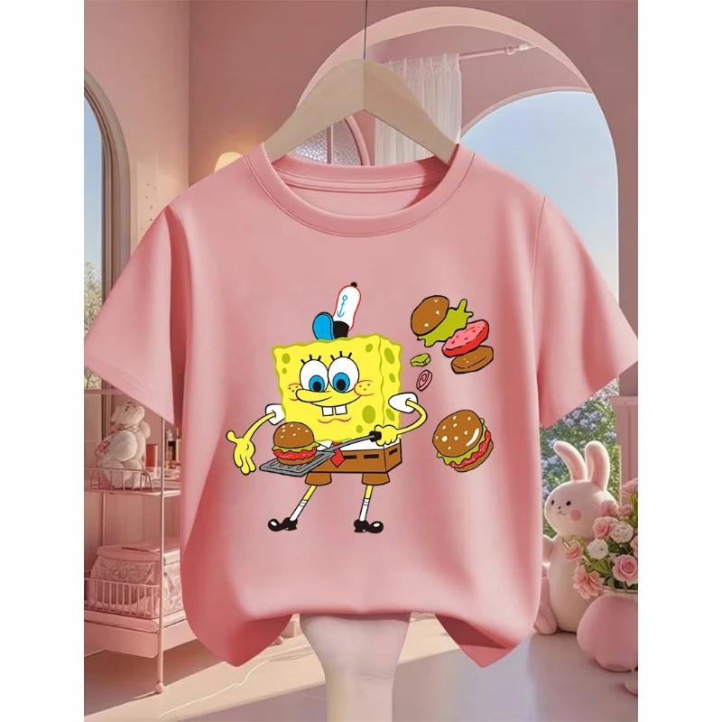Street SpongeBob SquarePants Casual T Shirt 3-14Y Boys Girls Summer Cute Kawaii Fashion Hot Cartoon Crew Neck Kids
