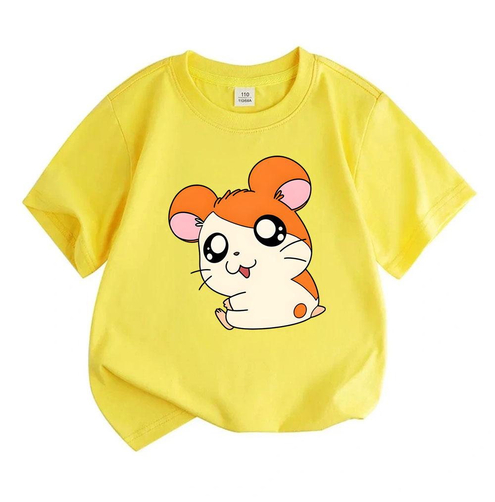 Kids Boys Girls 100% Cotton Crew Neck Short Sleeve T-Shirt, Cute Orange White Cartoon Hamster Print Casual Soft Breathable Tee for Children Daily Wear