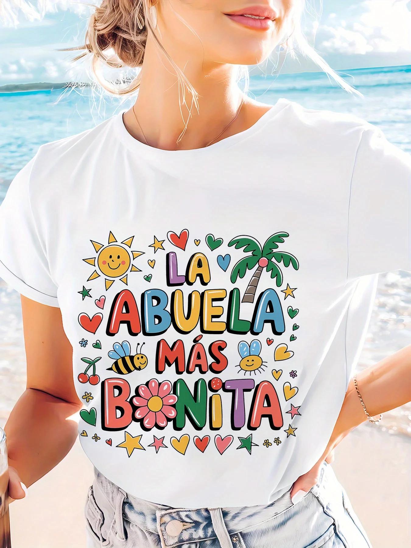 

Cartoon Print Design Crew Neck Short Sleeve Tshirt Casual Summer Womens White Spanish Grandma Floral Graphic Clothing Cotton S