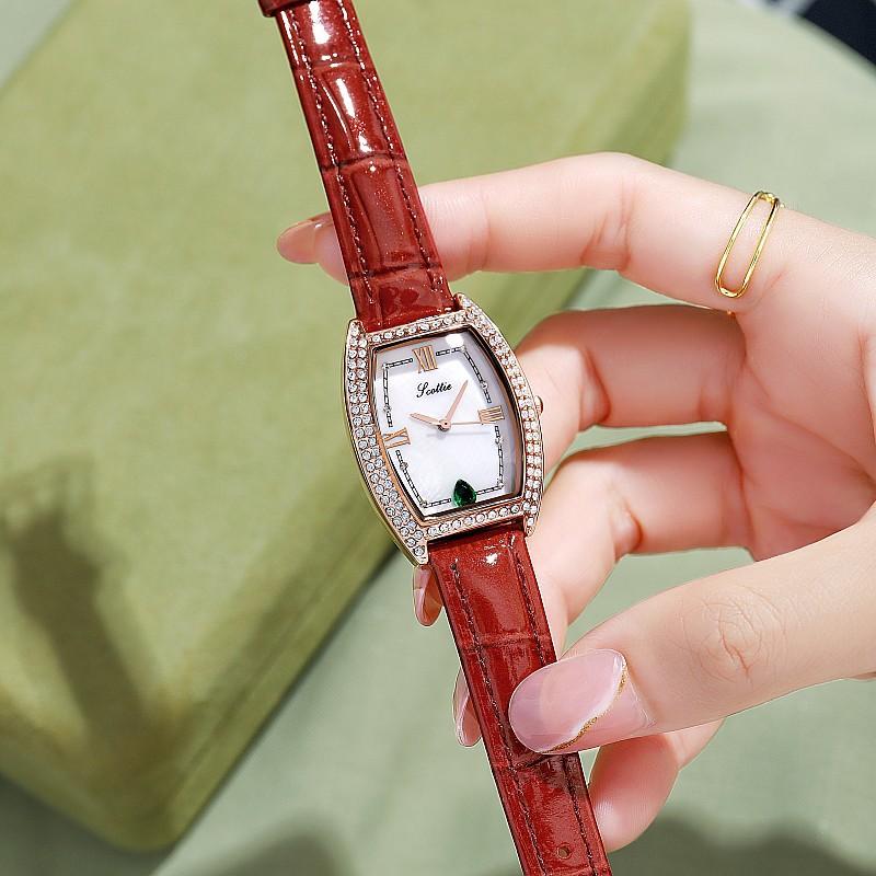 Stylish And Simple Temperament Women'S Watch Full Of Diamonds, Wine Barrel Shape Personalized Watch Women'S Green Leather Strap