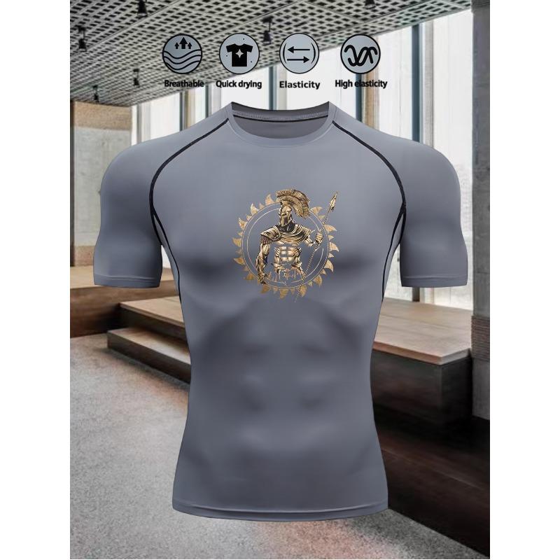 Men's Chest Spartan Soldier Print Compression Shirt High Elasticity Moisture Wicking Bodybuilding Sportswear