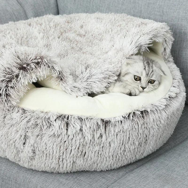Plüsch-Katzenbett, rundes Kissen, Haus, 2-in-1, warmer Katzenkorb, Haustier-Schlafsack, Katzennest, Zwinger für kleine Hunde