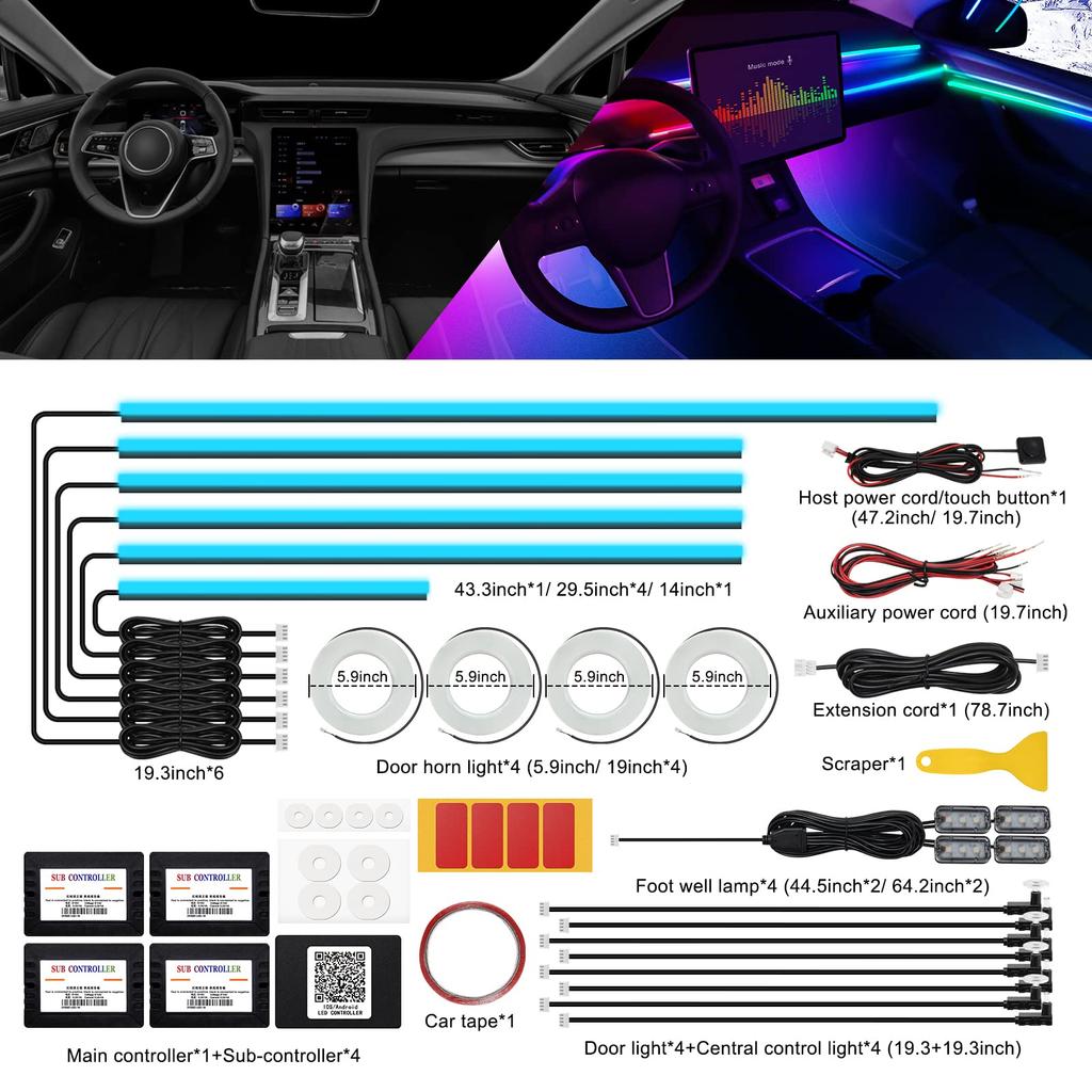 Colorful Car Ambient Lights 22 In 1 Automobile Atmosphere Lamp Acrylic Light Guide Strip Symphony Car Decorative Light 64 Colors