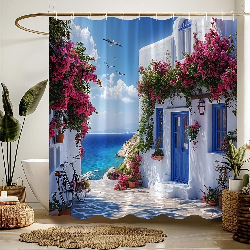 Mediterranean Seaside Cottage Shower Curtain, Waterproof And Mildew-Resistant For Vibrant And Scenic Bathroom Decor