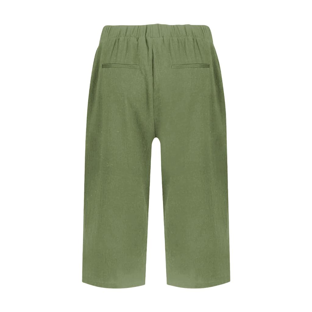 Women's Fashion Solid Color Loose Pocket Elastic Waist Cotton Linen Casual Five Pants