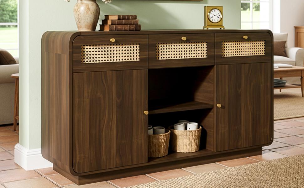 Chest Sideboard 120cm Walnut, with Rattan and Gold Handles, 3 Drawers + 2 Cabinets + Open Shelf, Height-Adjustable Shelves, H85/W120/D40 Cm