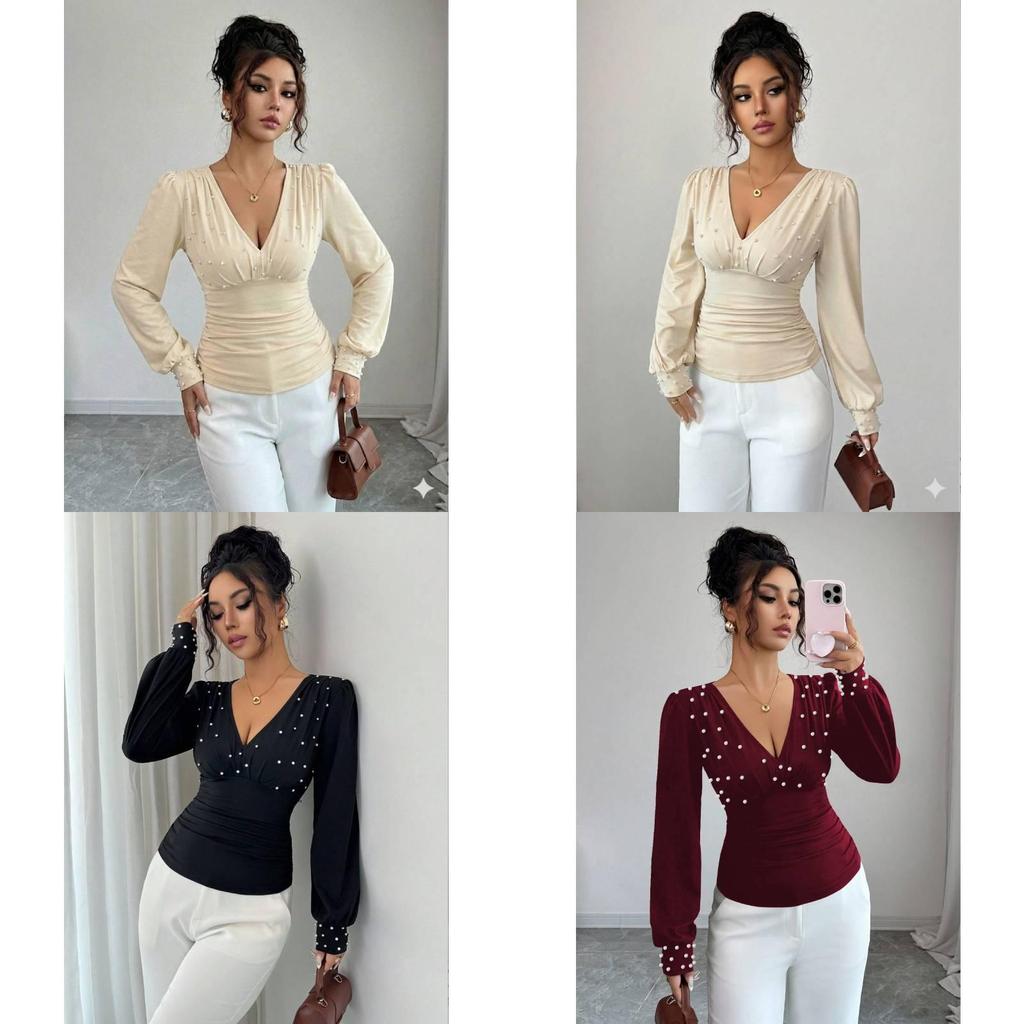 Elegant Long Sleeve T Shirt With Pearl Embellishments For Office Wear