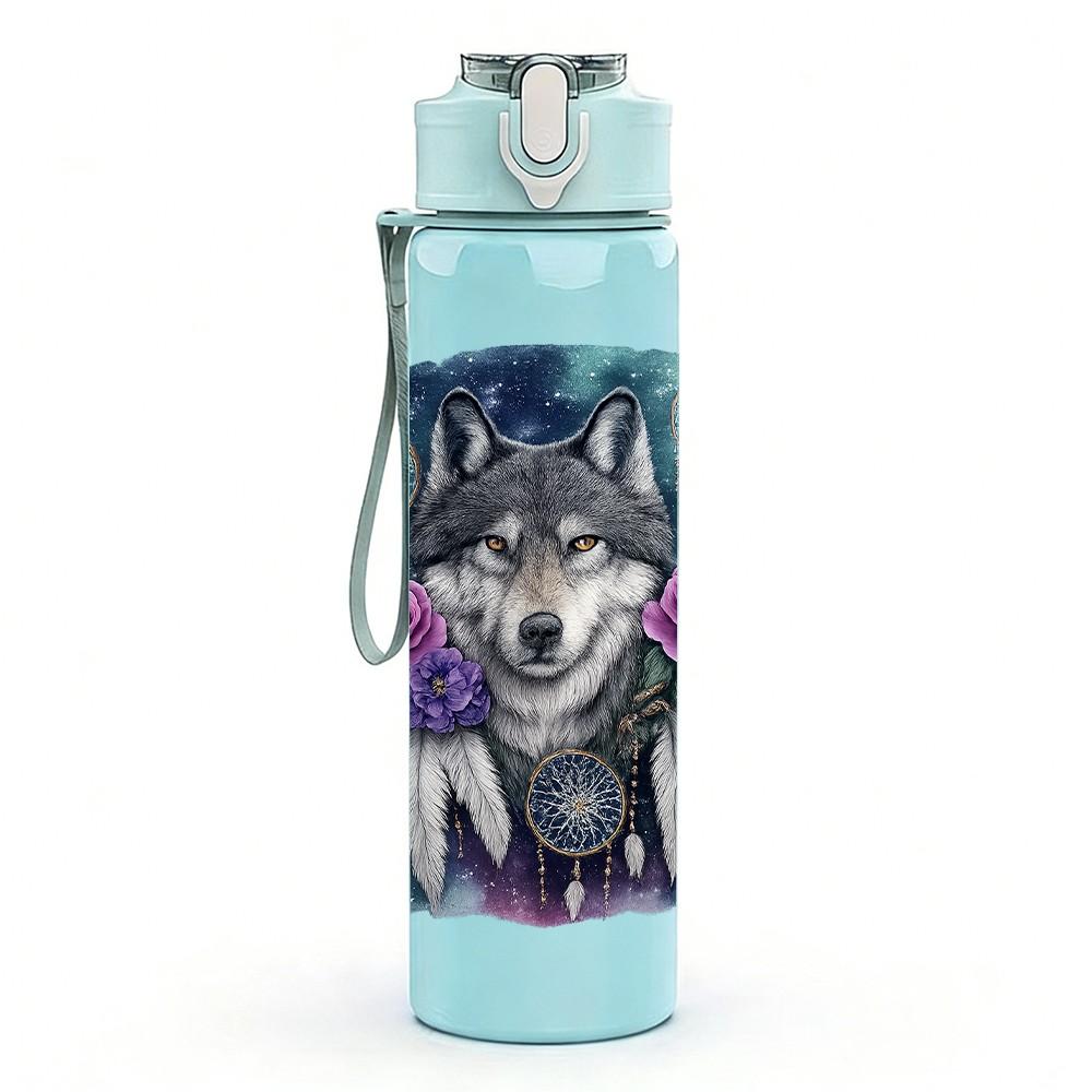 1pz Corona Floreale Lupo Ritratto Oscuro 750ml Plastica Colorata Borraccia Sportiva Tappo a Vite Anti-perdita con Cannuccia Pieghevole Adatta per Sport Ufficio Uso Domestico