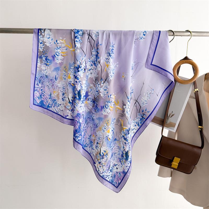 

Lilac Flower Shadow Simulation Silk Printing Large Square Scarf Silk Scarf 90 Shawl Head Scarf Neck Protection Scarf 90*90cm