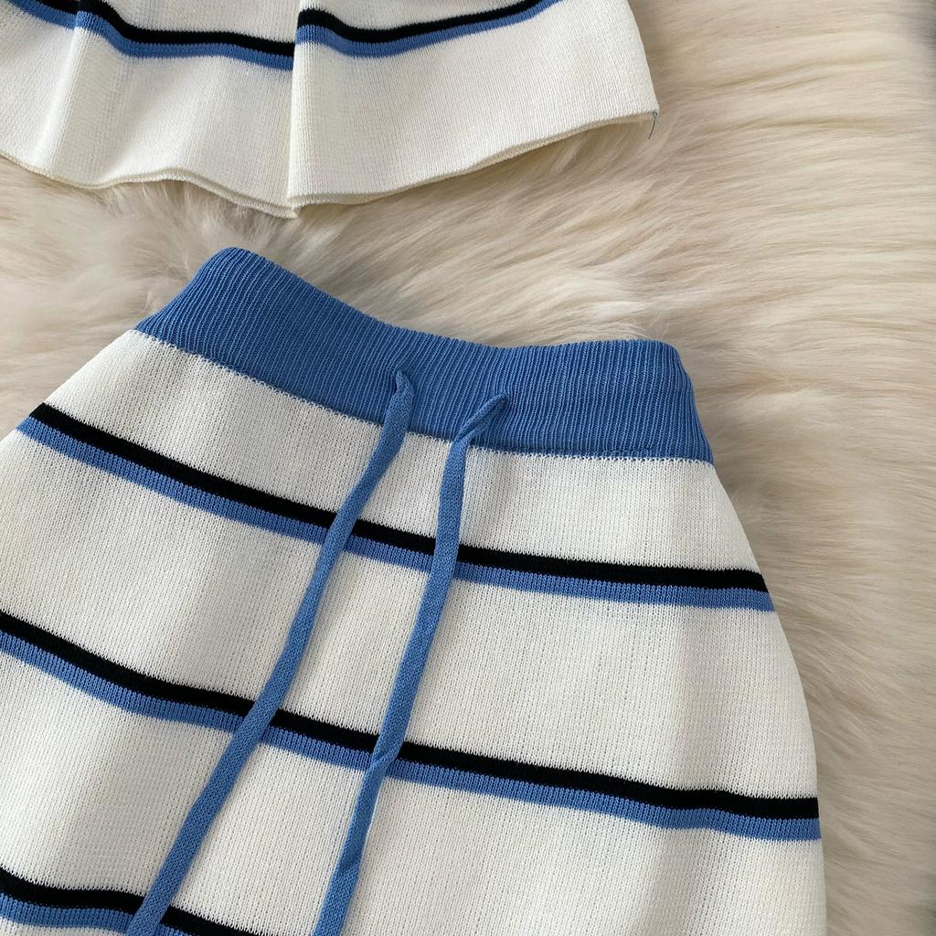 Casual Striped Crew-Neck Sleeveless Knit Top and High-Waisted Slimming Bodycon Midi Skirt Sets Summer Knitted Two Piece Sets for Women