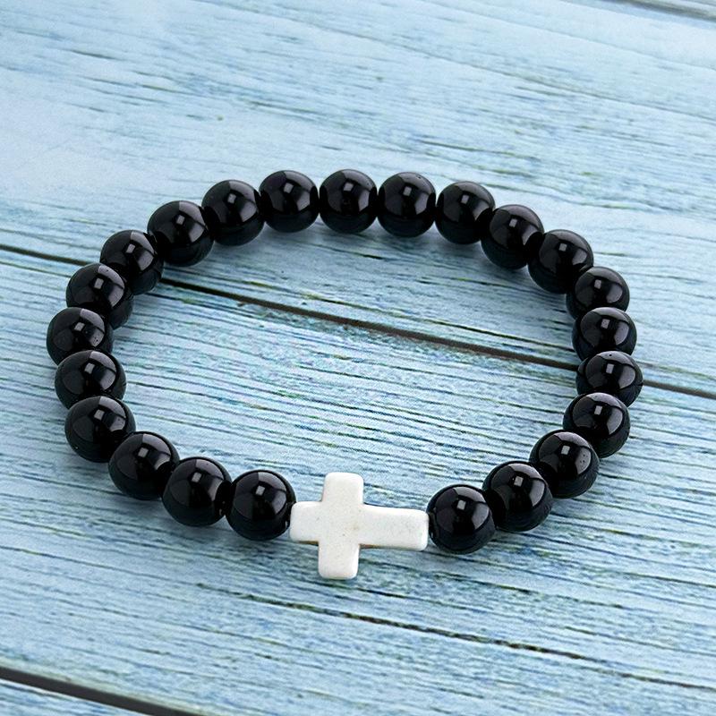 

Unisex Cross Hand-Beaded Natural Stone Bracelet with Elastic Cord - High-End Gift