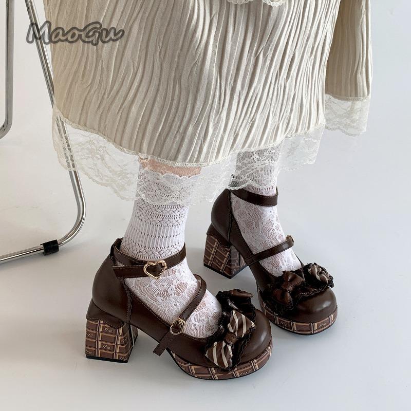Fashion Sweet Girls Lolita High Heels Platform Shoes Bowknot Ankle Straps Women's Mary Jane Shoes Student Chunky Heeled Pumps Size 35-40