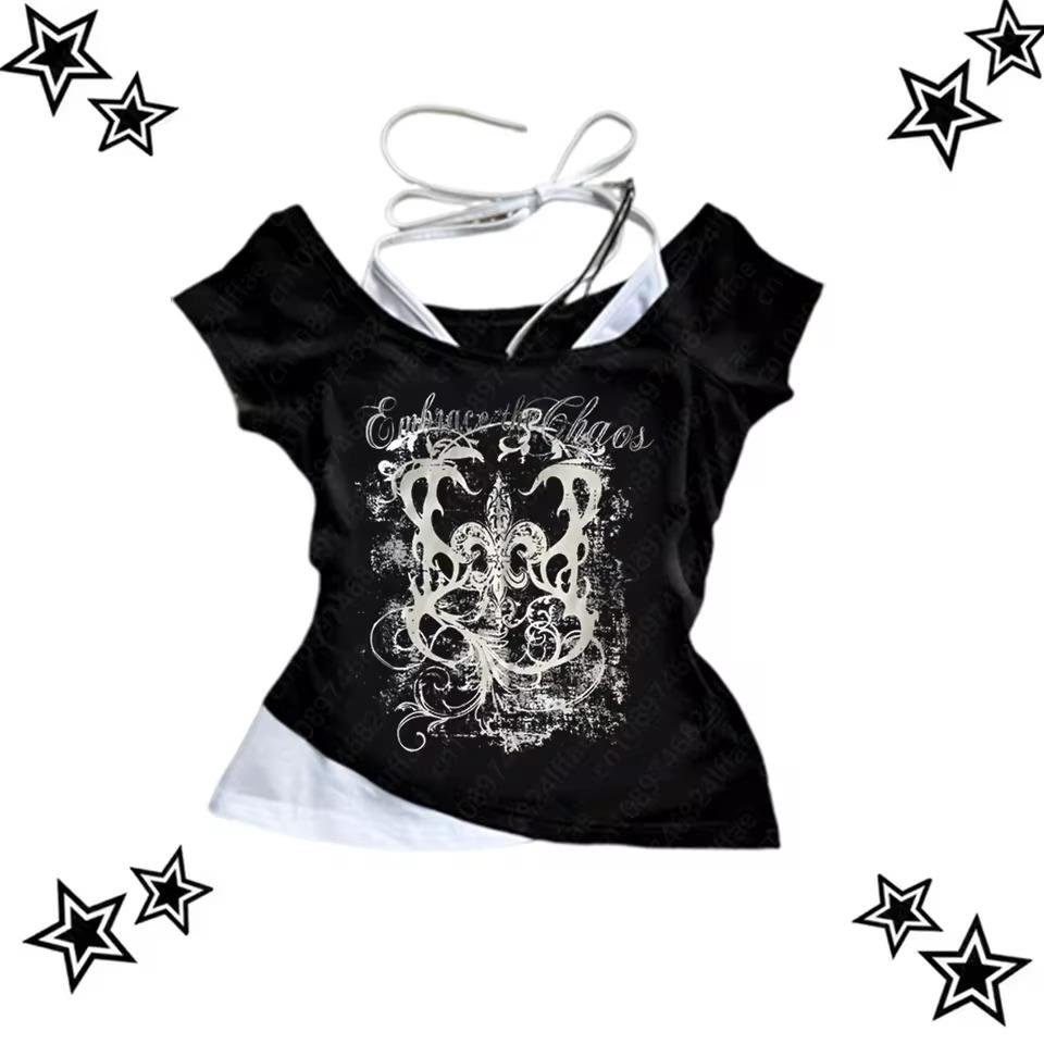 Damen 90er Vintage Punk T-Shirt Streetwear Sexy Kurzarm Gothic Slim Crop Top Hotgirl Lässig Femme Tee Harajuku Y2k