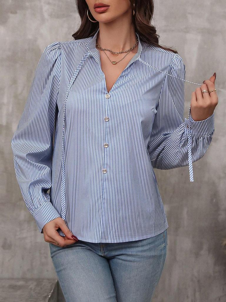 2024 Women's Striped Lantern Sleeve Tie Collar Shirt