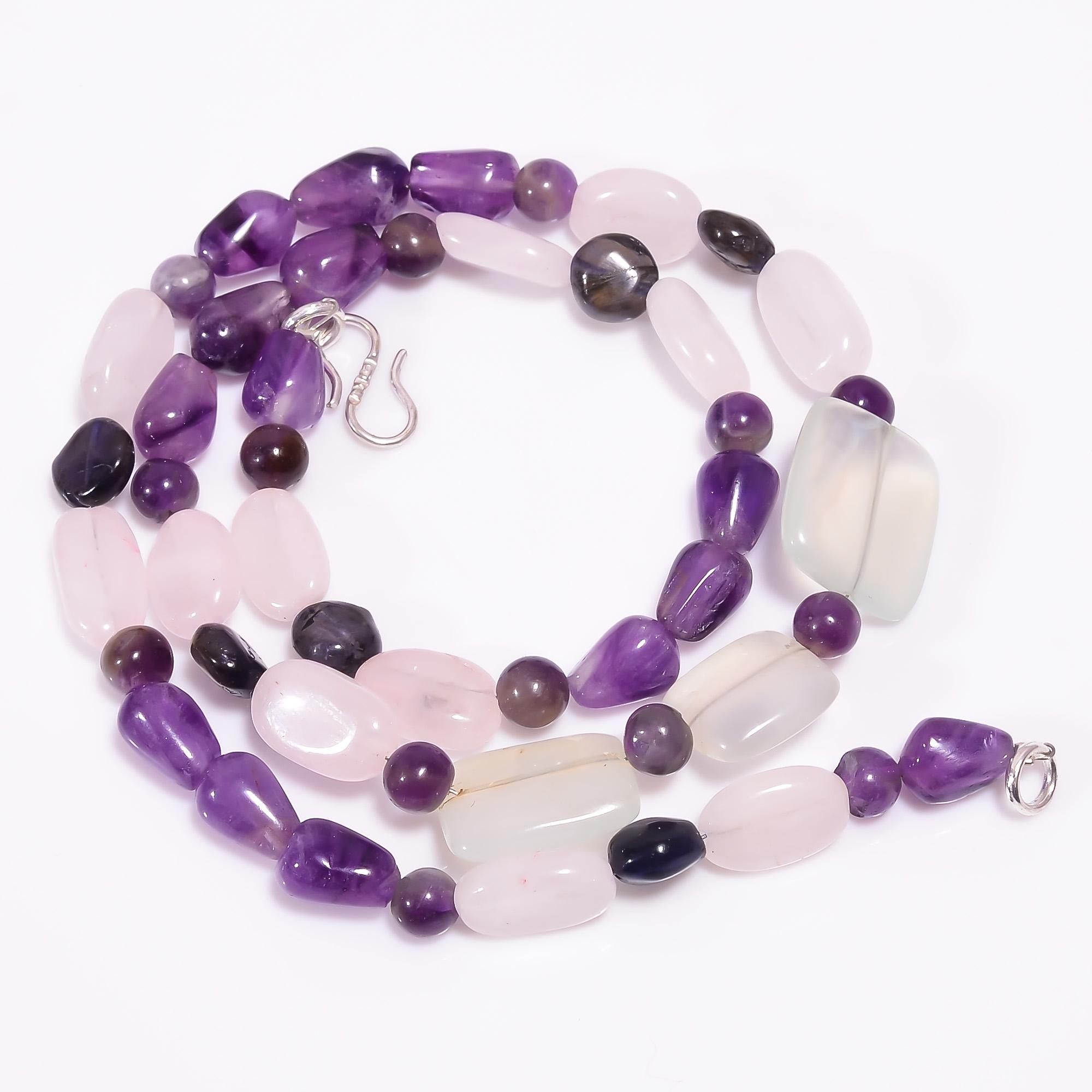 

Natural Rose Quartz Amethyst Iolite Gemstone Beads Necklace 6-16 mm 18 UB-8056 UB-8056