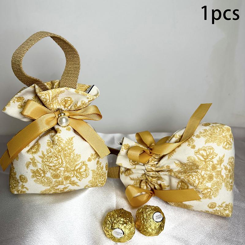1PC Flower Printed Drawstring Candy Pouch Bag, Handle Bag Gift for Wedding Party