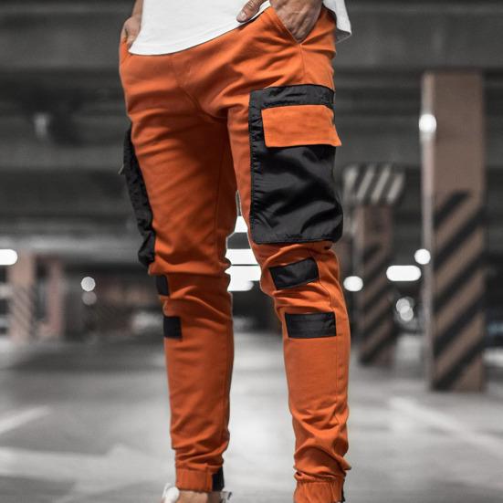 Cargo Pants Large Side Pockets Fine Texture Contrast Color Men Splicing Sports Trousers for Daily Life