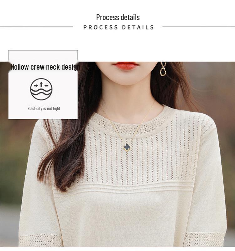 2024 Summer Ice Silk Hollow Knit Top for Middle-Aged Women: Short Sleeve, Solid Color, Half Sleeve Design