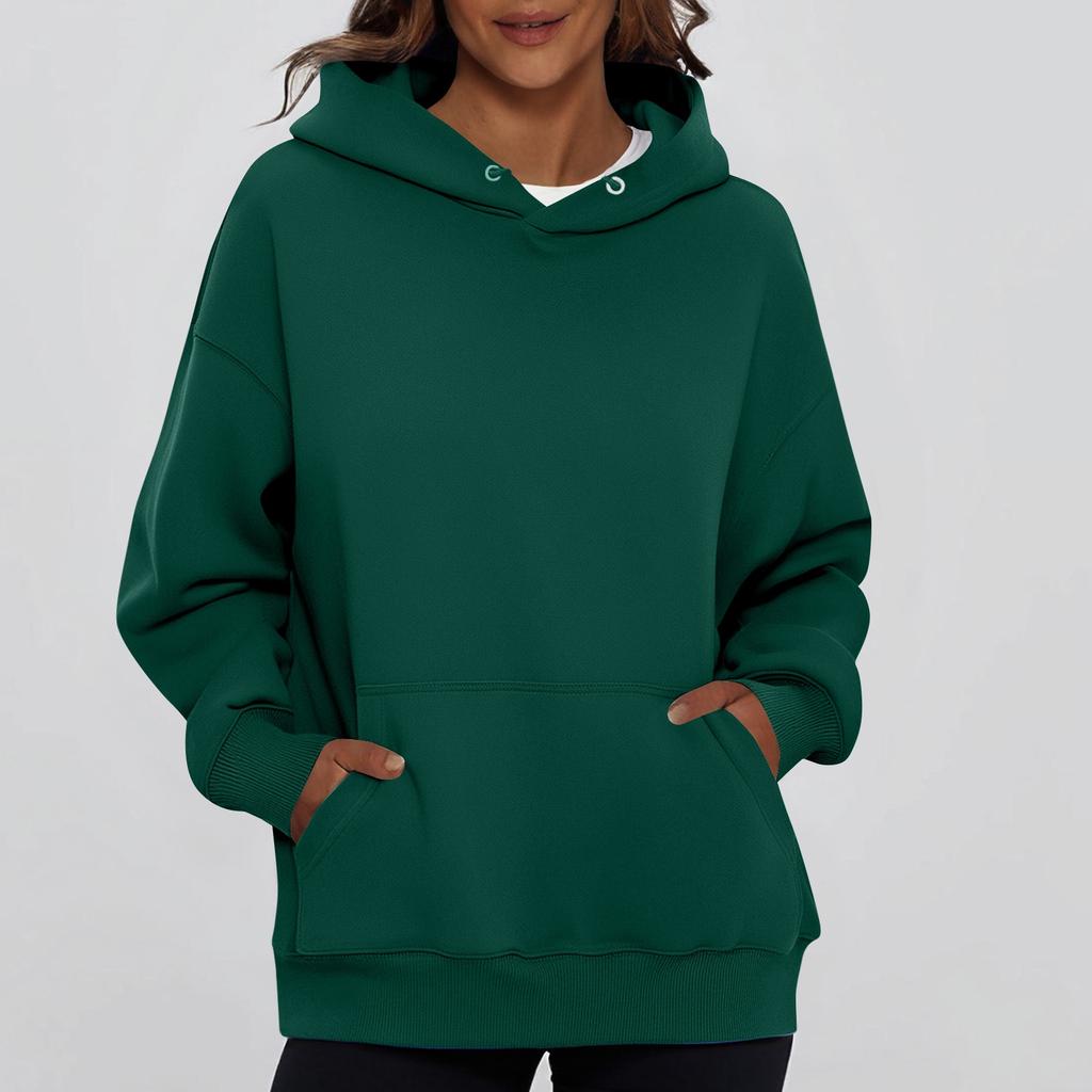 Ladies' Fashionable Solid Color Casual Hooded Pocket Long Sleeved Top