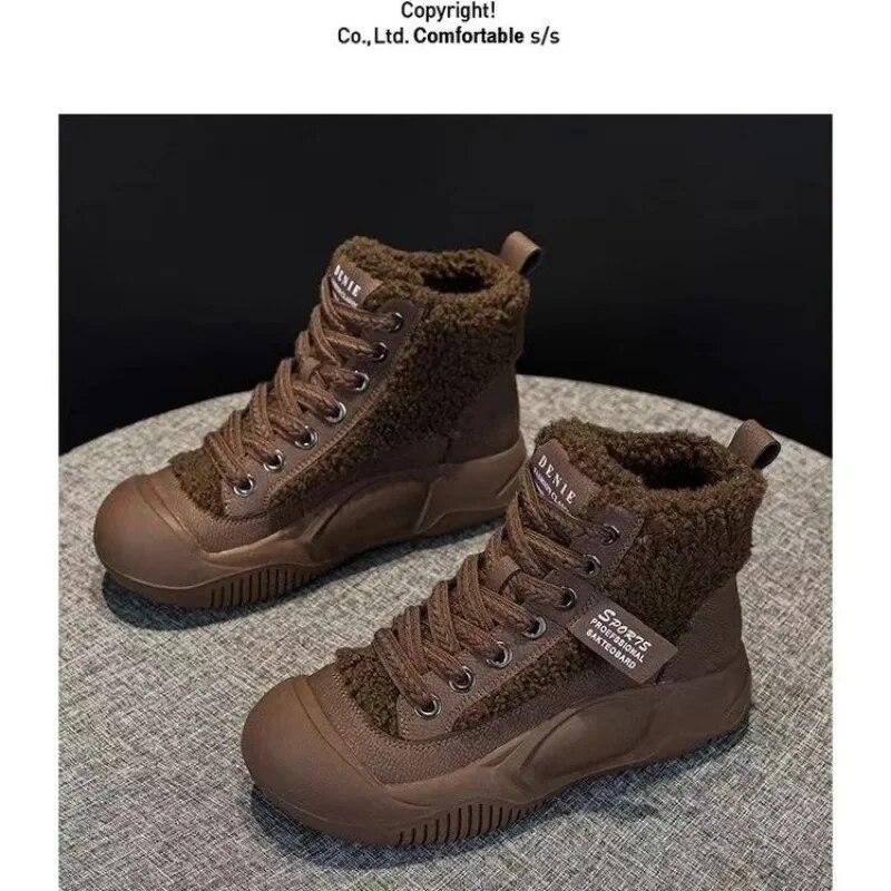 Women's Boots Winter Warm Lamb Wool High-top Vulcanized Shoes Round Toe Soft Sole Fashion Women's Shoes Comfortable Work Shoes
