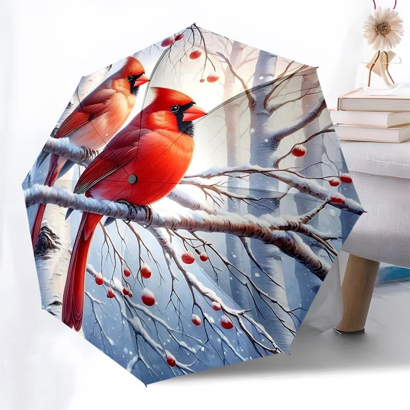 

1pc Winter Cardinal Birds Auto-Folding Umbrella, Portable 3-Fold Design with 8-Bone Iron Frame, Outdoor for Fans, Travelers, Daily Use, Perfect Gift f