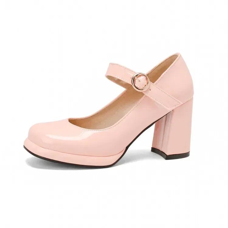 

Fashion PU Patent Leather Green Navy Blue Closed Toe Mature Ladies Office Pumps Buckle Strap Vintage Women Mary Janes Shoes Block Heels 34 розовый