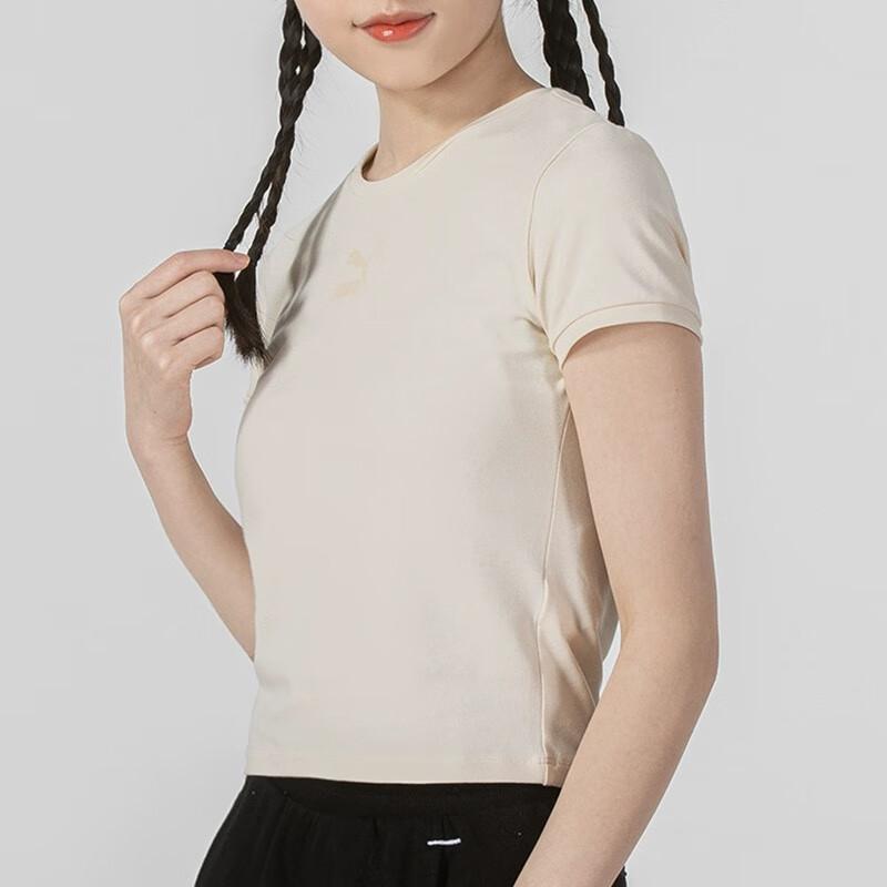 Puma Solid Color Short Sleeve Cool Comfortable Breathable Sports Casual Simple Round Neck T-Shirt Women Tops Beige 673508-99