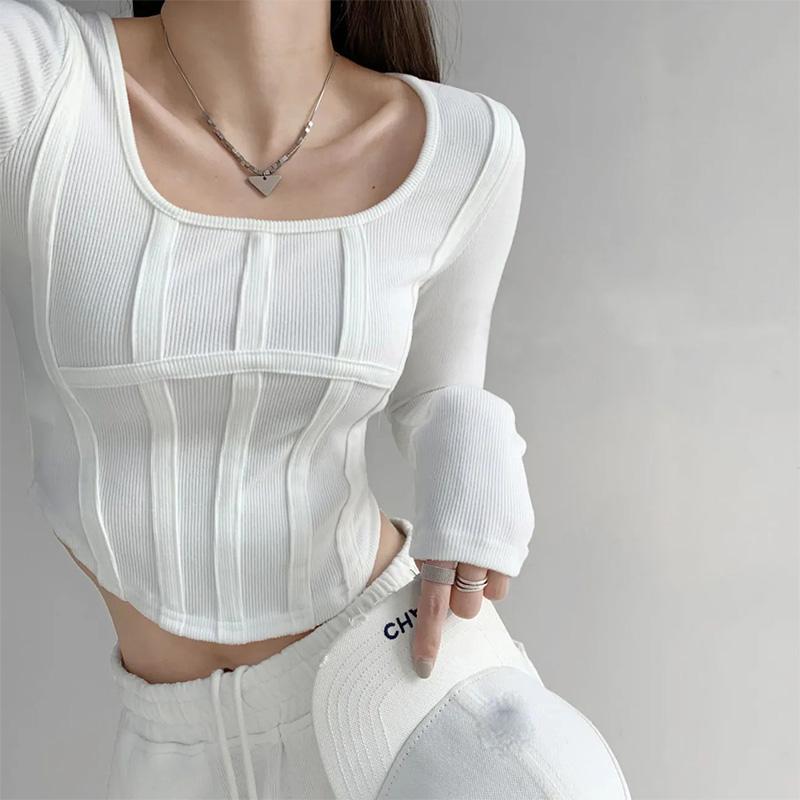 

Футболка с длинными рукавами, женская тонкая рубашка с короткими топами, новая мода весной и осенью M белый