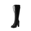 Fashion Winter Sweet Women Knee High Boots PU Leather Round Toe 7cm High Block Heels Bowtie Lace-up Lolita Lady Zipper Long Riding Boots