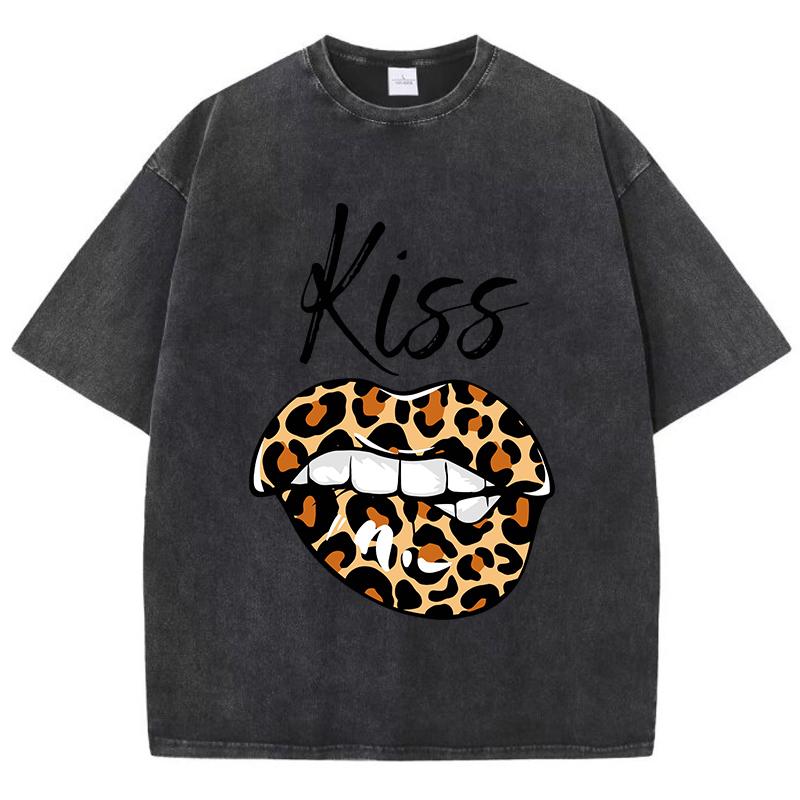 LeopardPrint Lips Kiss Prints Washed T Shirt Women Cotton Streetwear Distressed ONeck Comfortable Tops Summer Womans Clothes