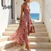 High-waisted Dress Floral Chiffon for Women, Halter Sleeveless Ruched Maxi Green Print Dress, Turtle Neck Wedding Guest Cocktail Evening Pleated Waist