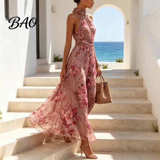 High-waisted Dress Floral Chiffon for Women, Halter Sleeveless Ruched Maxi Green Print Dress, Turtle Neck Wedding Guest Cocktail Evening Pleated Waist