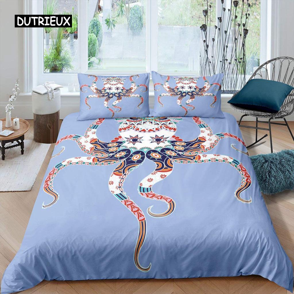 Octopus Duvet Cover Set Microfiber Green Octopus Tentacles Twin Bedding Set Sea Marine Theme Underwater Animal Comforter Cover