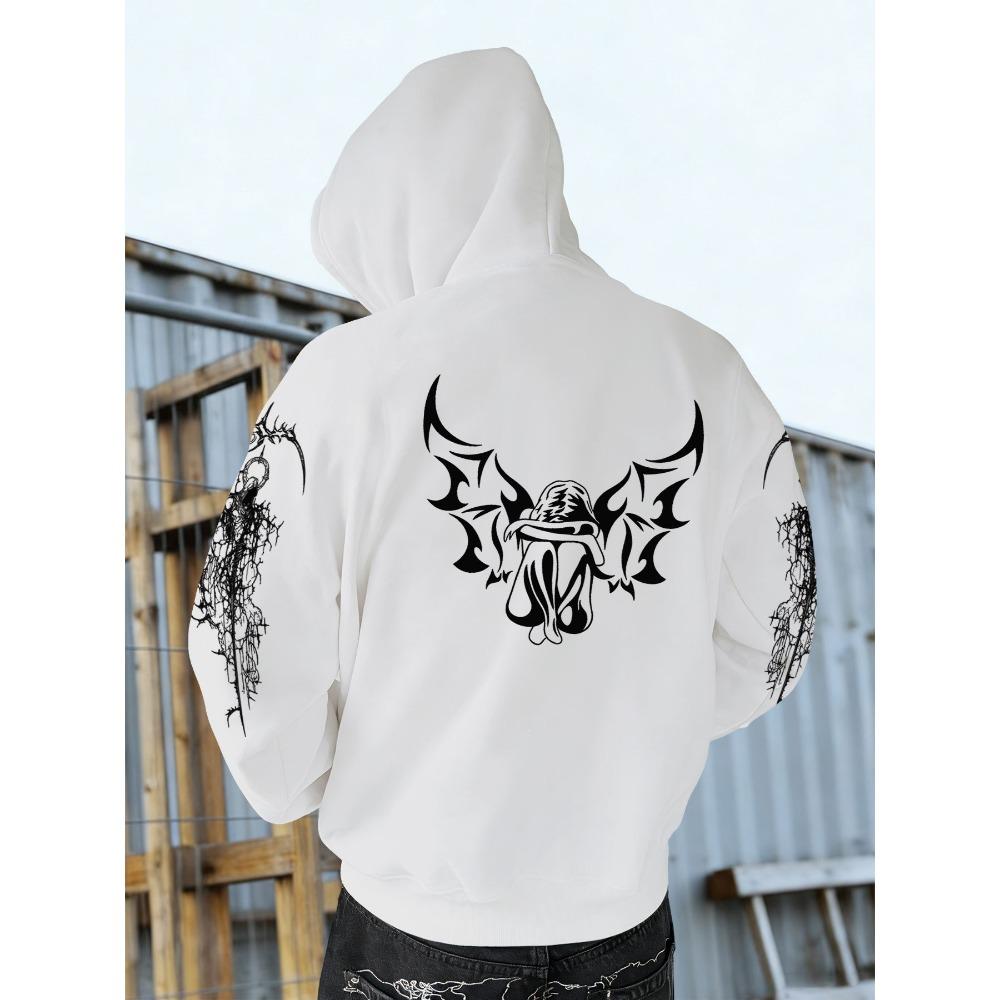 

Autumn Winter Trendy Men s Vintage Streetwear Hooded Sweatshirt with Gothic Design, Featuring Demon Wings and Thorns Print on the Back S