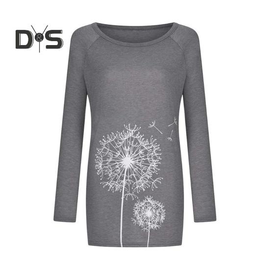 Women's Plus Size Tunic Top Dandelion Print Longline Shirt Crew Neck Long Sleeve Pullover Tee Casual Loose Fit Blouse for Work Daily Life