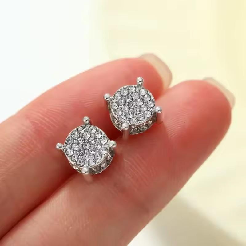 Men's Full Rhinestone Hip Hop Round Stud Earrings Micro Paved Zircon Shiny Earrings Fashion Jewelry Accessories