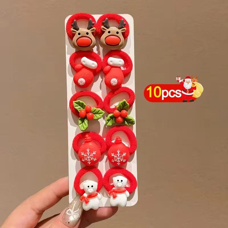 10PCS Kids Girls Christmas Hair Ties Cute Santa Claus Reindeer Design Festive Hair Accessories Holiday Parties Decorations