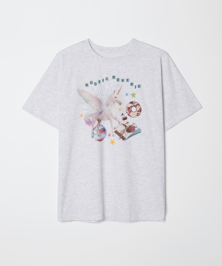 RUSTIC REVERIE Unicorn Oversized T-Shirt_White Melange