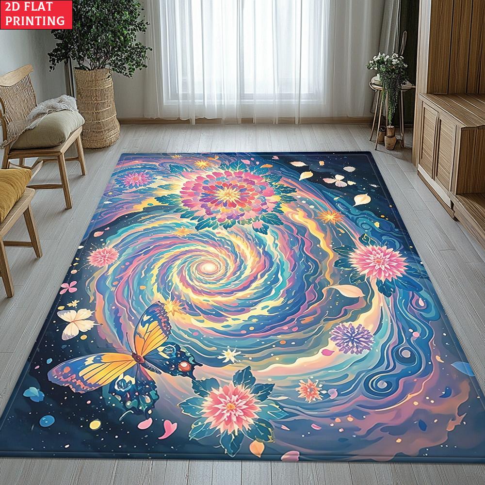 Aesthetic Butterfly Galaxy Floral Area Rug,Colorful Swirl Flower Carpet for Living Room, Boho Floor Mat for Bedroom Decor