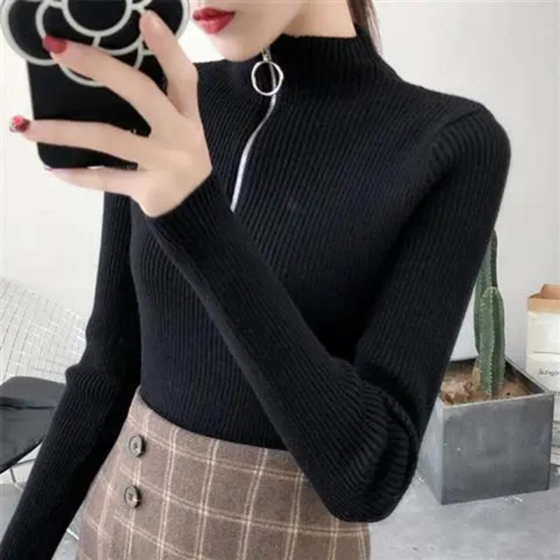 Pletené dámské svetry s poloviční výstřihem na zip, pulovry, podzimní a zimní, základní dámské svetry, štíhlé, pevné, pletené, pull Femme topy