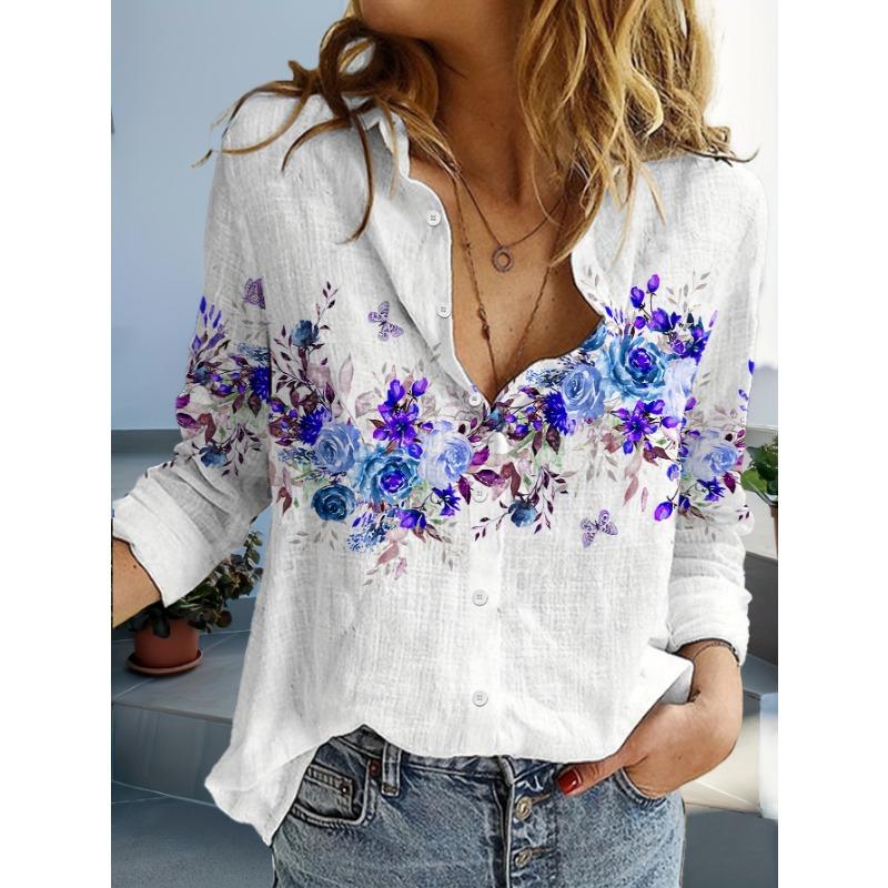 Fashion Women's Casual 3D Floral Print Blouse Lapel Neck Blouse Women Long Sleeve Shirts Casual Womens Clothing