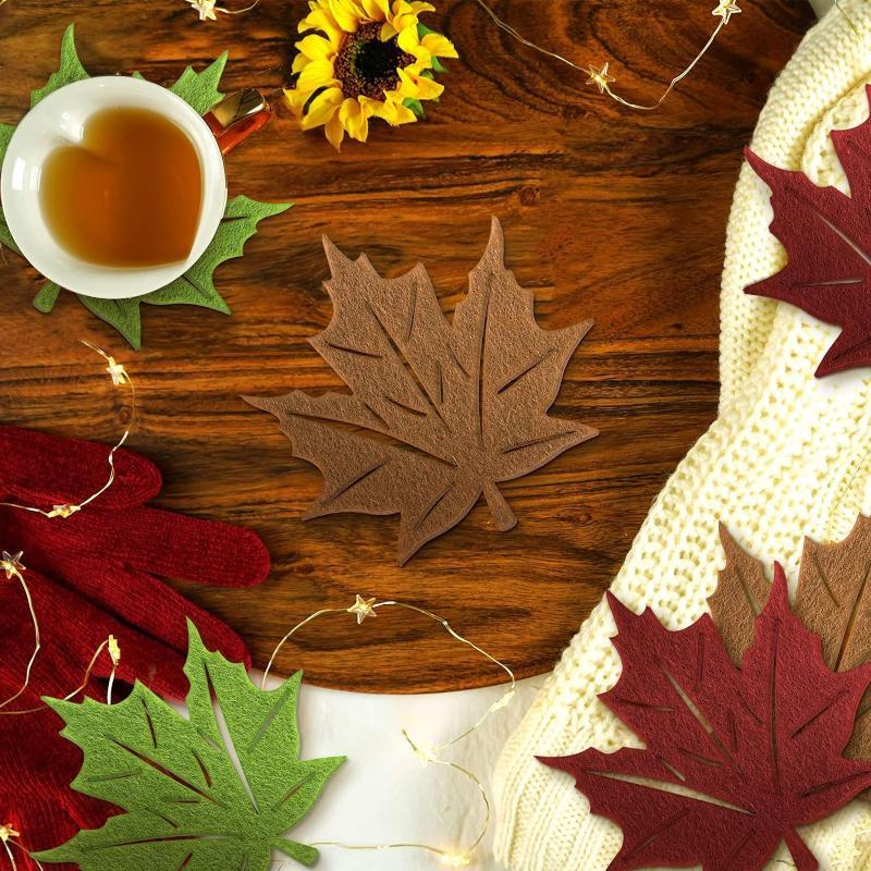 10 Pcs Felt Leaf Drink Coasters Heat Insulation Non Slip Bottom For Home Fall Coffee Table Decorations