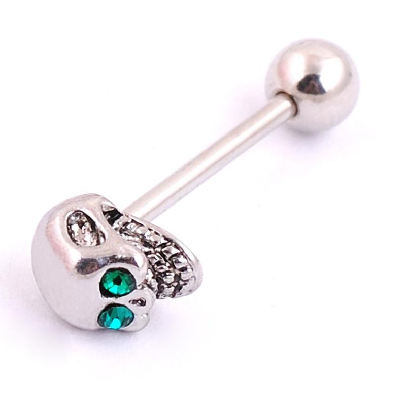 1Pcs New Stainless Steel CZ Gem Skull Silvery Tongue Barbell Ring Bar Body Piercing Myshine