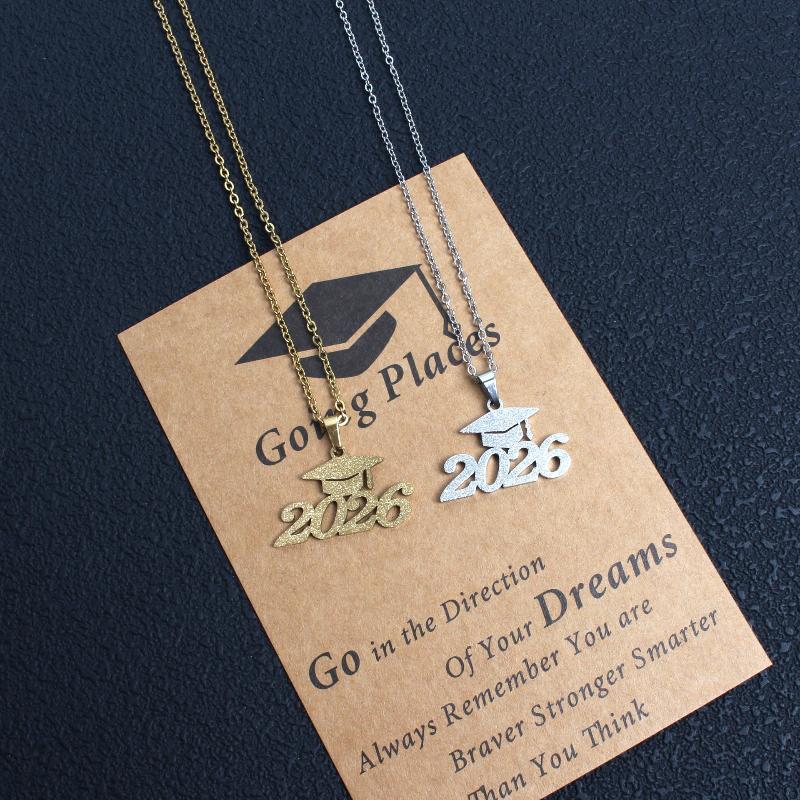 Stainless Steel Matte Golden Mortarboard Featuring Number 2026 Pendant Necklace Women Graduation Memorial Jewelry Gifts