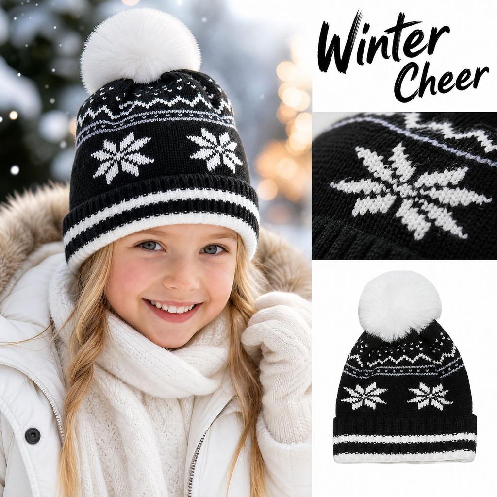 Unisex Kids Warm Knitted Winter Hat with Snowflake Pattern for Christmas